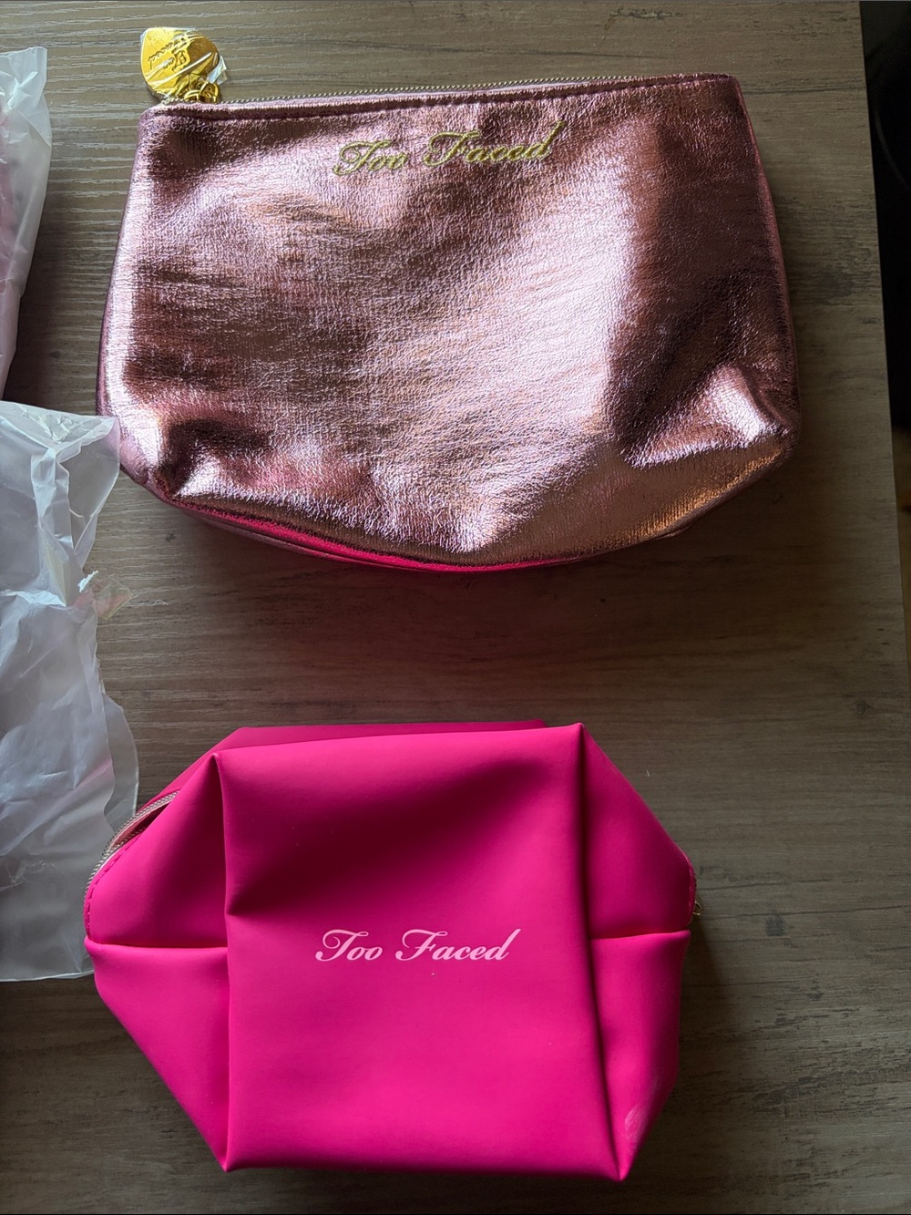 New Too Faced Metallic Rose Gold and Hot Pink Cosmetic Bag Bundle